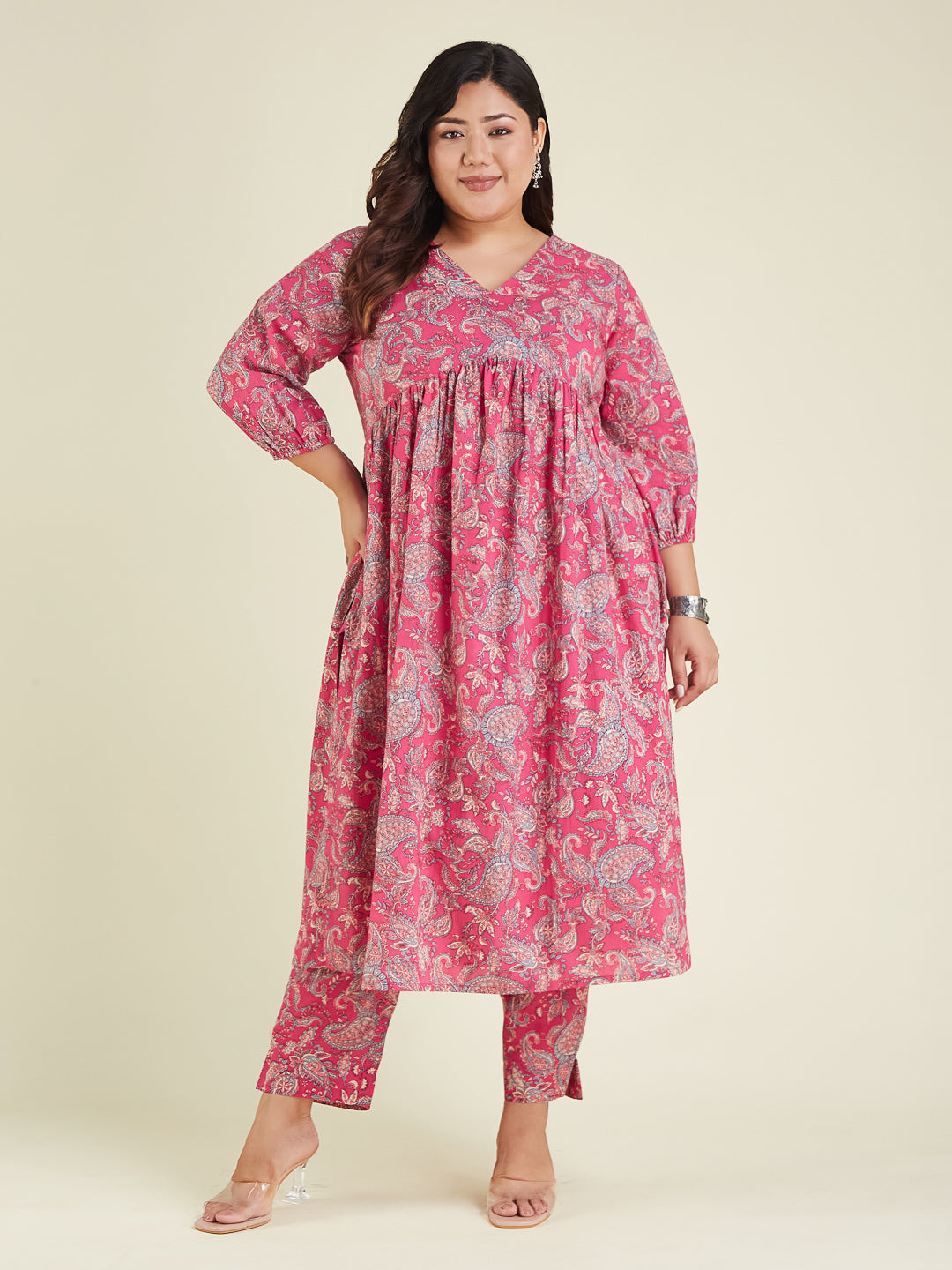 Janasya Bright Cotton Floral A-Line Kurta Set | Swadesiicart