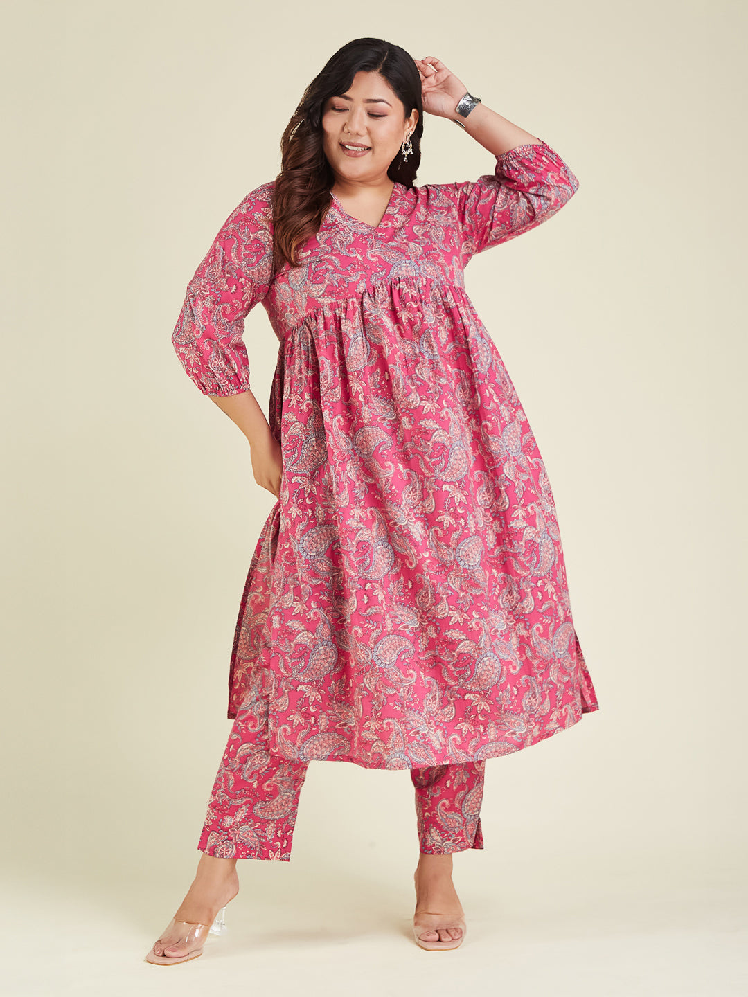 Janasya Bright Cotton Floral A-Line Kurta Set | Swadesiicart