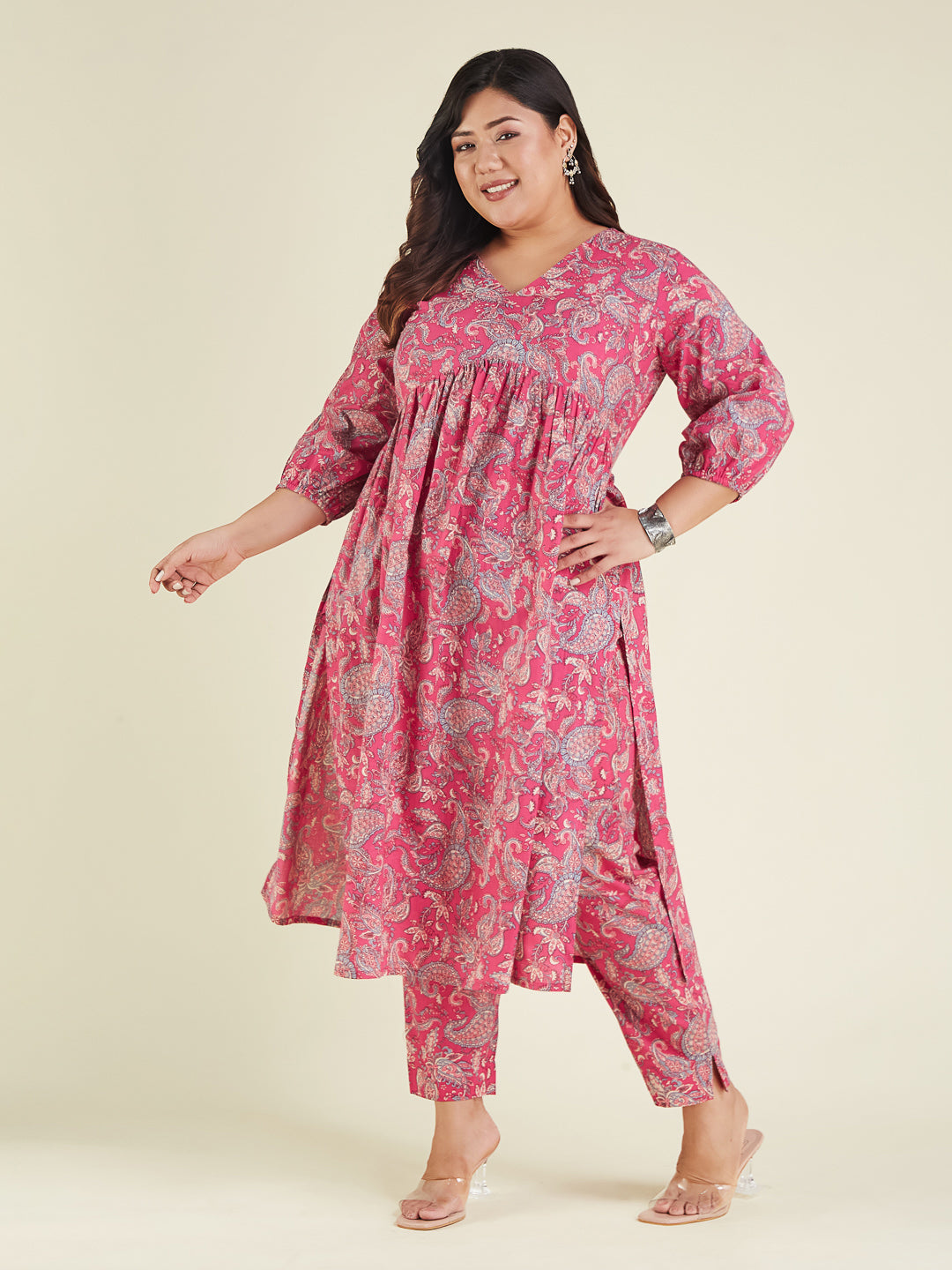 Janasya Bright Cotton Floral A-Line Kurta Set | Swadesiicart