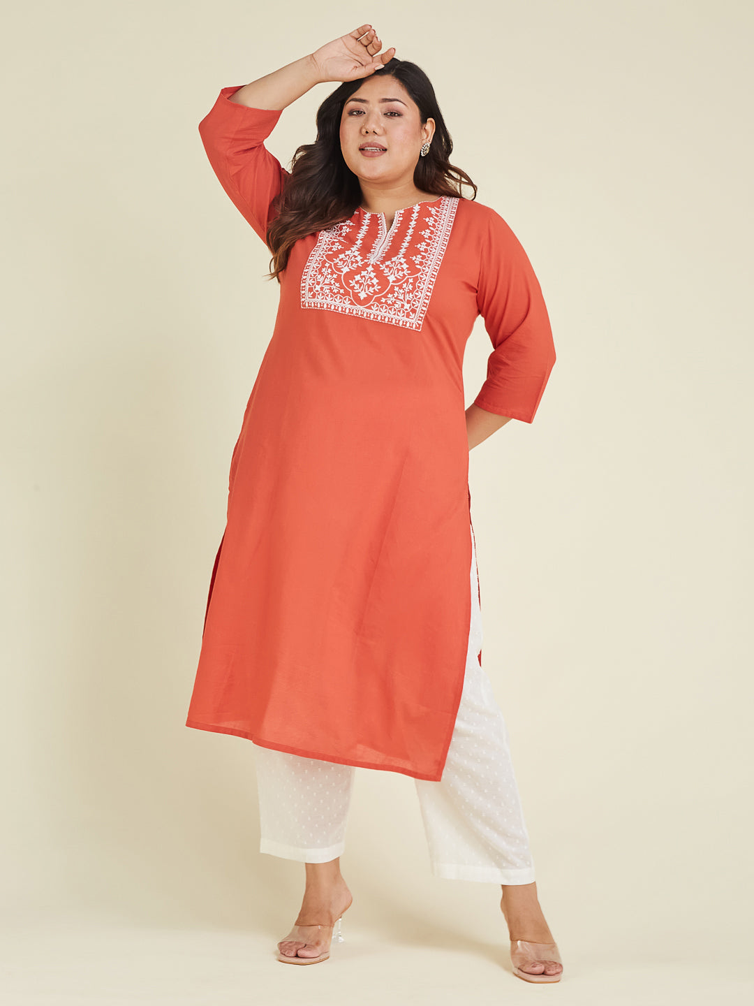 Janasya Dark Cotton Embroidered Straight Kurta | Swadesiicart