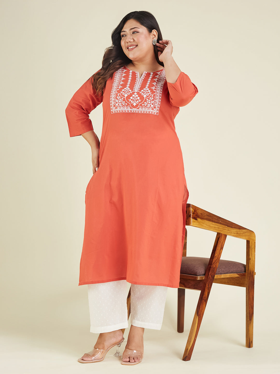 Janasya Dark Cotton Embroidered Straight Kurta | Swadesiicart