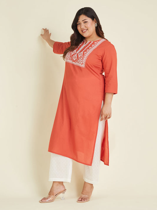Janasya Dark Cotton Embroidered Straight Kurta | Swadesiicart
