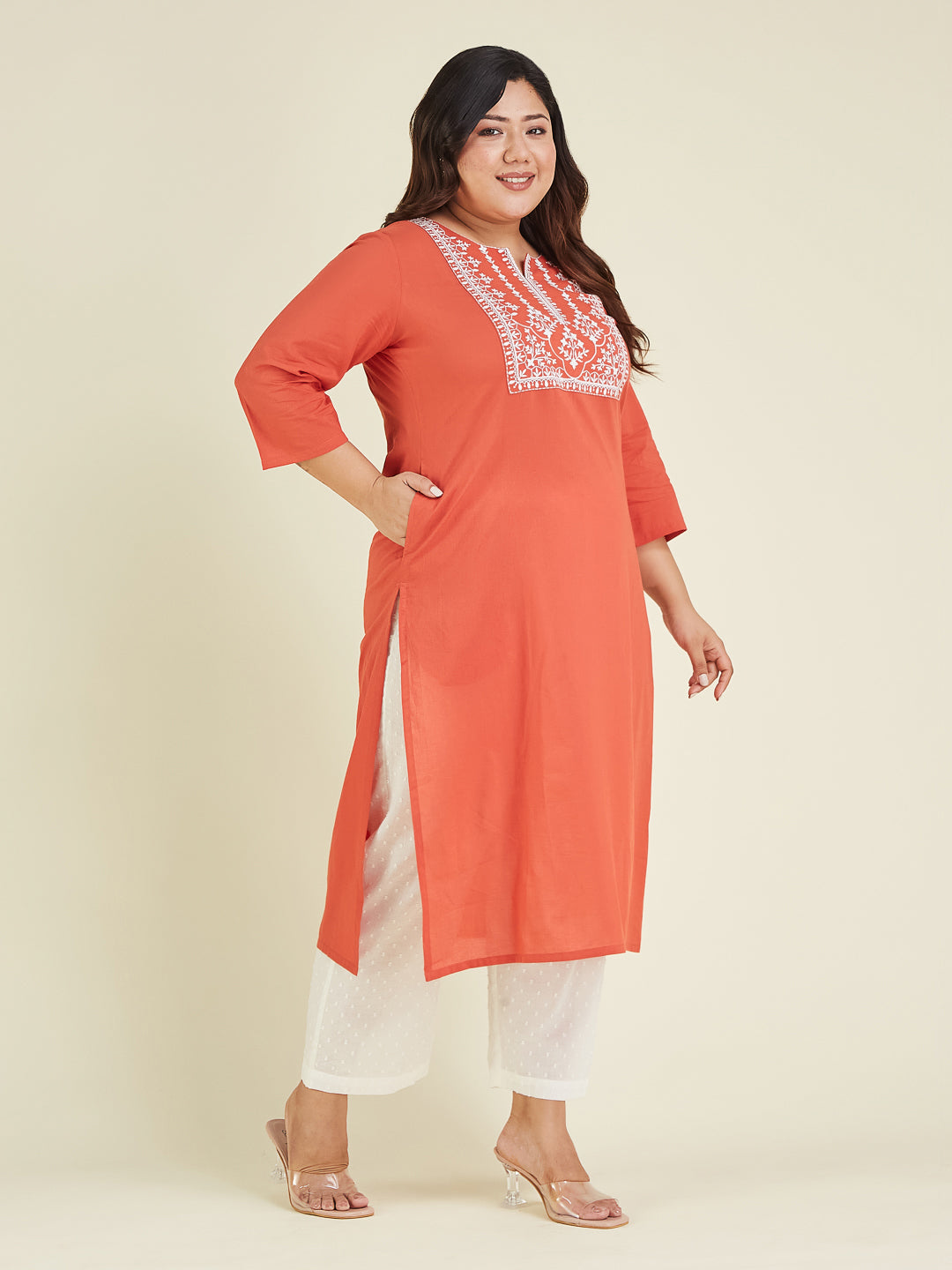 Janasya Dark Cotton Embroidered Straight Kurta | Swadesiicart