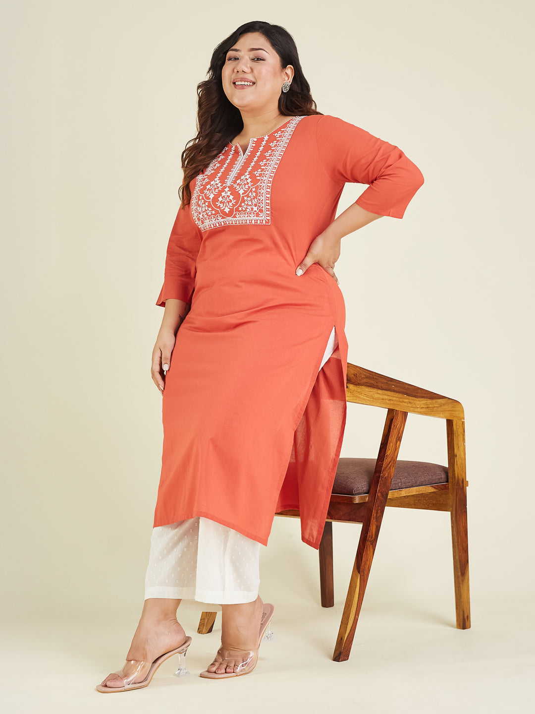 Janasya Dark Cotton Embroidered Straight Kurta | Swadesiicart
