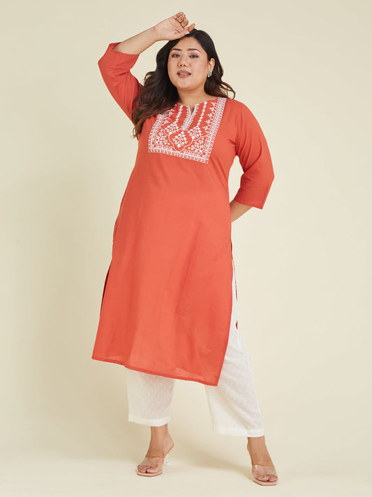 Janasya Dark Cotton Embroidered Straight Kurta | Swadesiicart