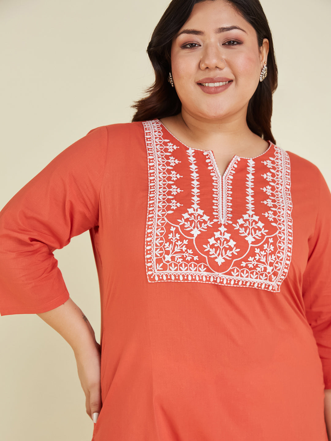 Janasya Dark Cotton Embroidered Straight Kurta | Swadesiicart