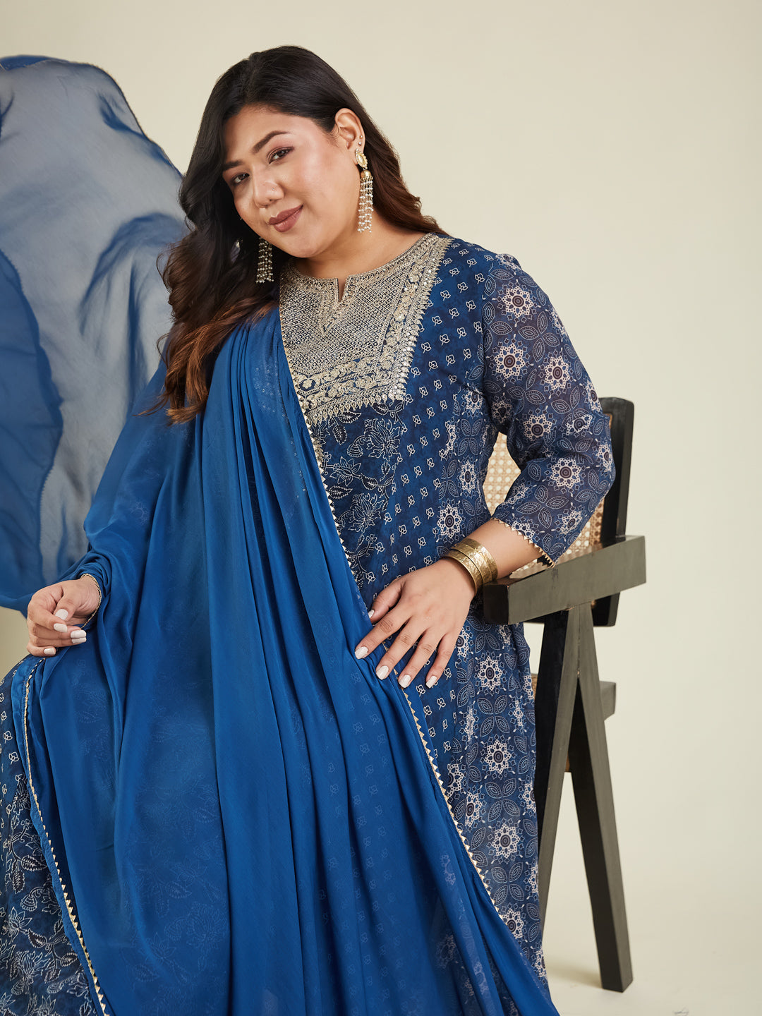 Janasya Dark Georgette Ajrakh Anarkali Kurta Set | Swadesiicart