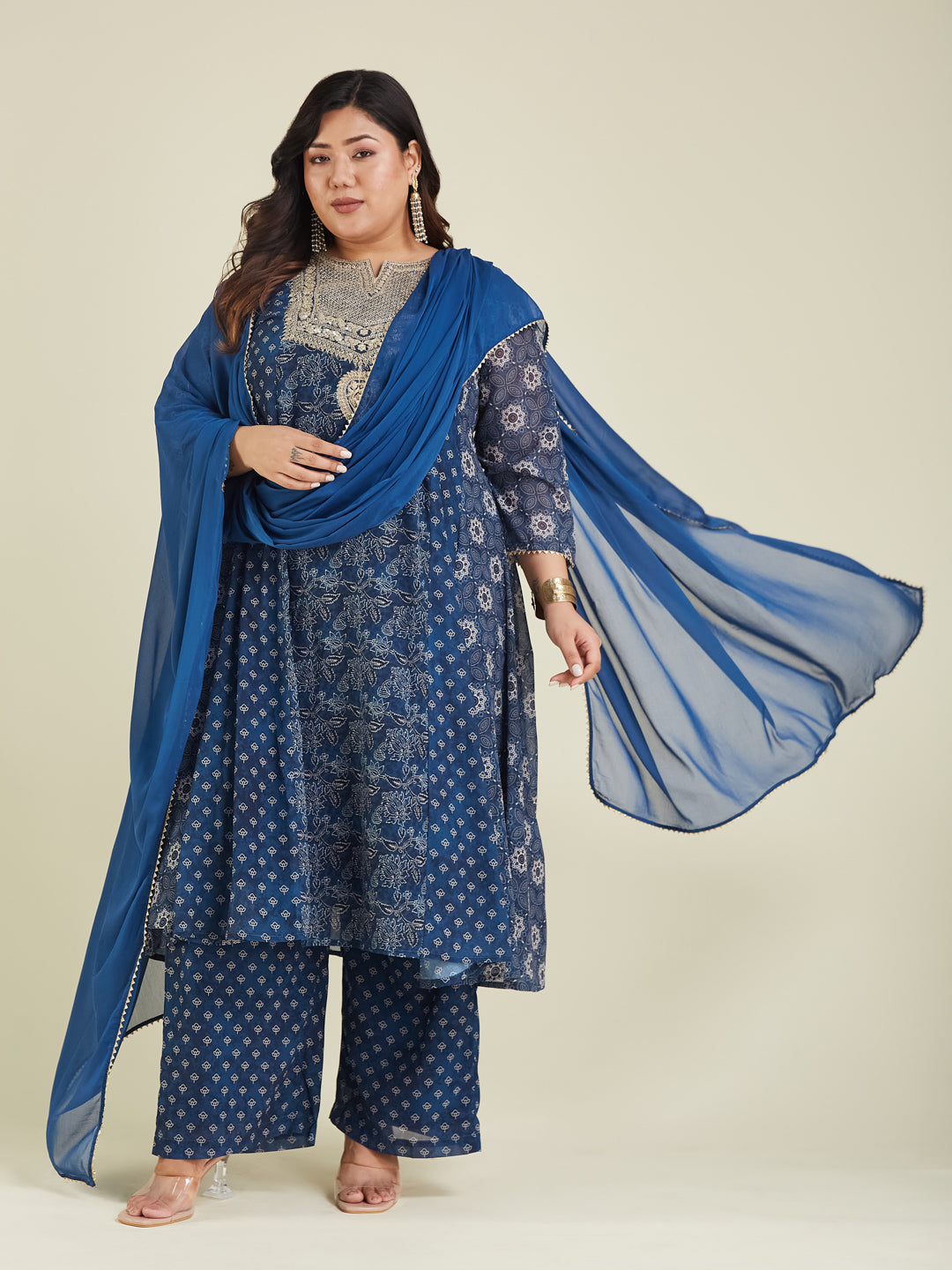 Janasya Dark Georgette Ajrakh Anarkali Kurta Set | Swadesiicart