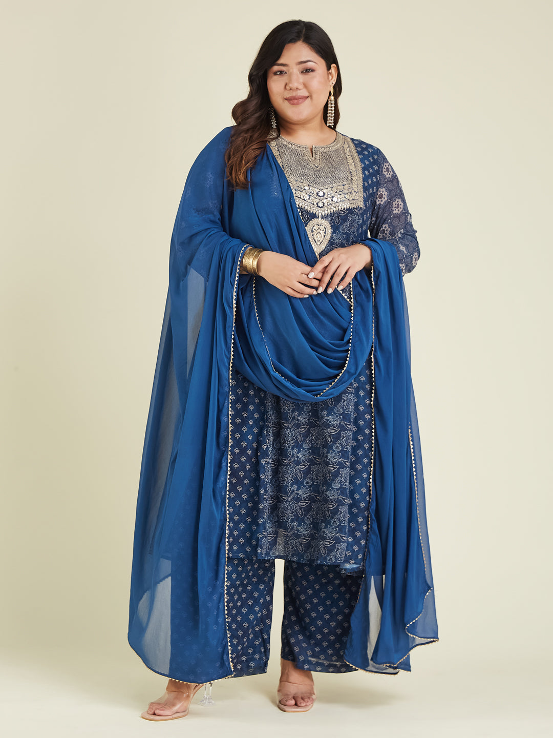 Janasya Dark Georgette Ajrakh Anarkali Kurta Set | Swadesiicart