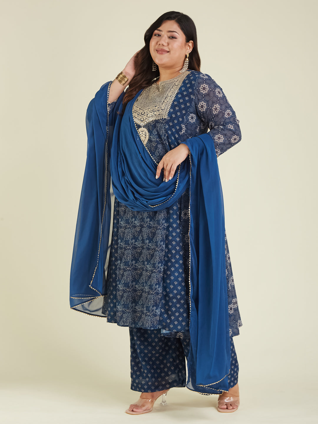 Janasya Dark Georgette Ajrakh Anarkali Kurta Set | Swadesiicart
