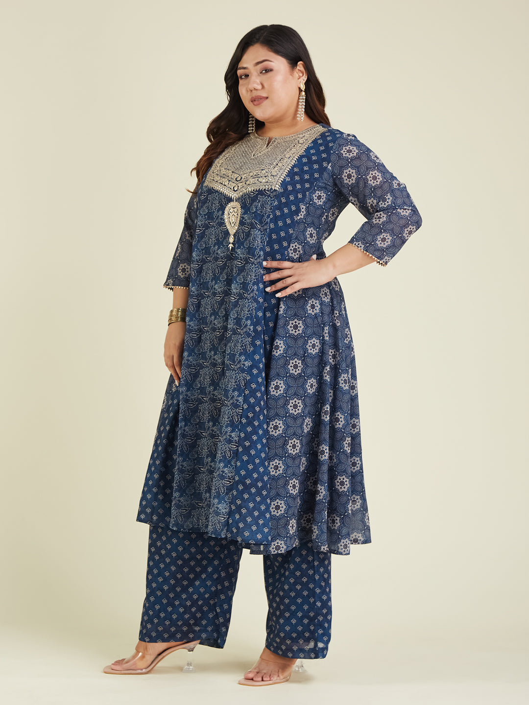 Janasya Dark Georgette Ajrakh Anarkali Kurta Set | Swadesiicart