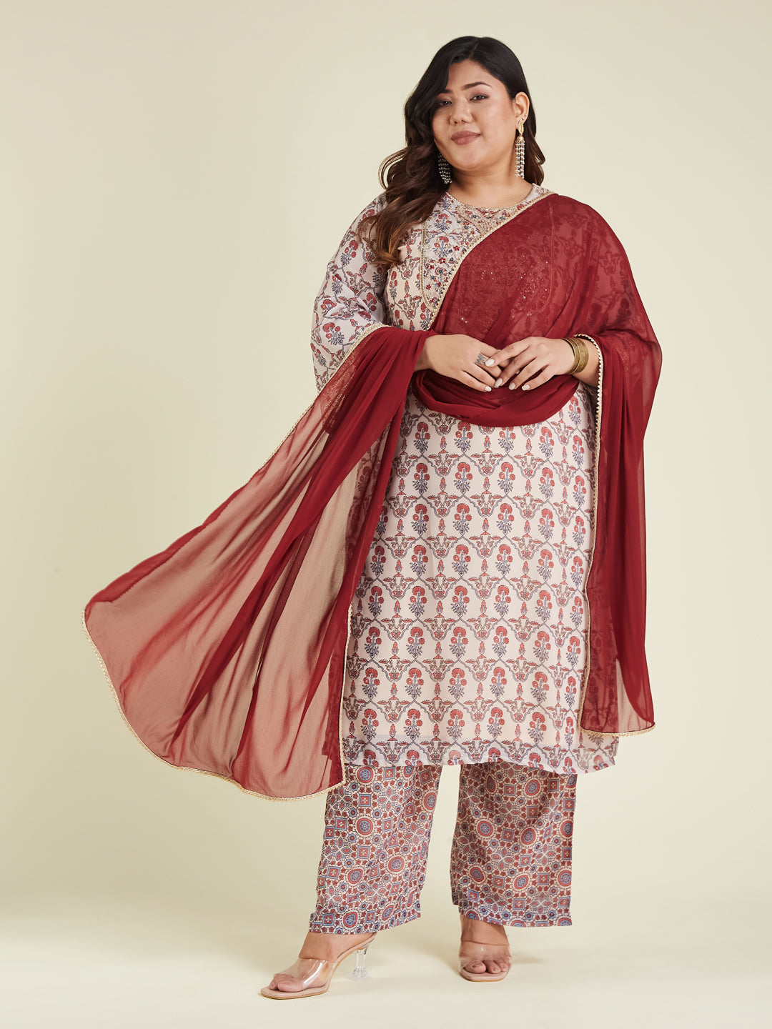 Janasya Light Georgette Yoke Embroidery A-Line Kurta Set | Swadesiicart