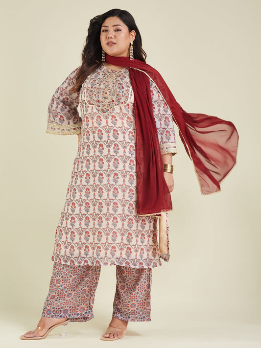 Janasya Light Georgette Yoke Embroidery A-Line Kurta Set | Swadesiicart