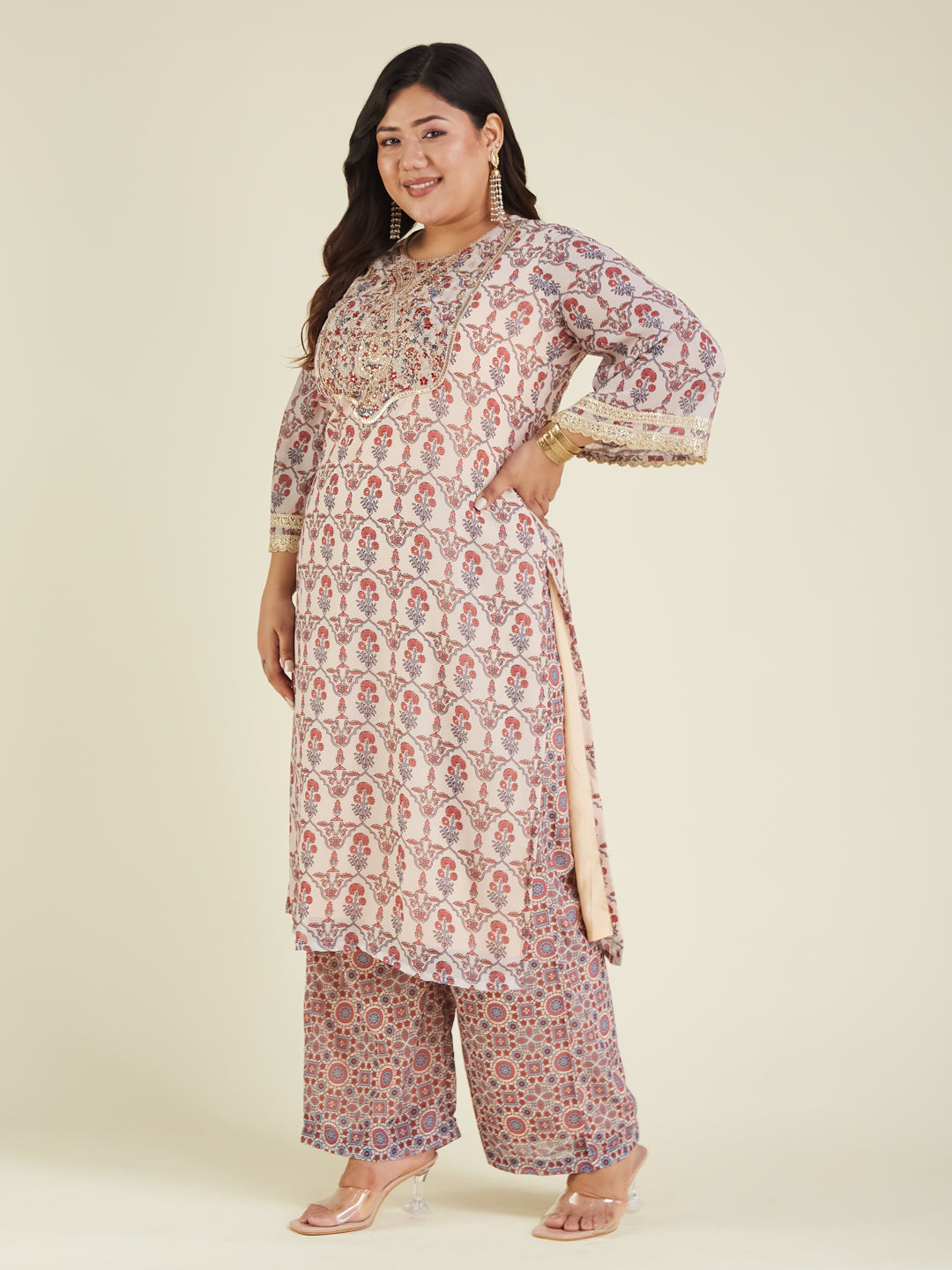 Janasya Light Georgette Yoke Embroidery A-Line Kurta Set | Swadesiicart