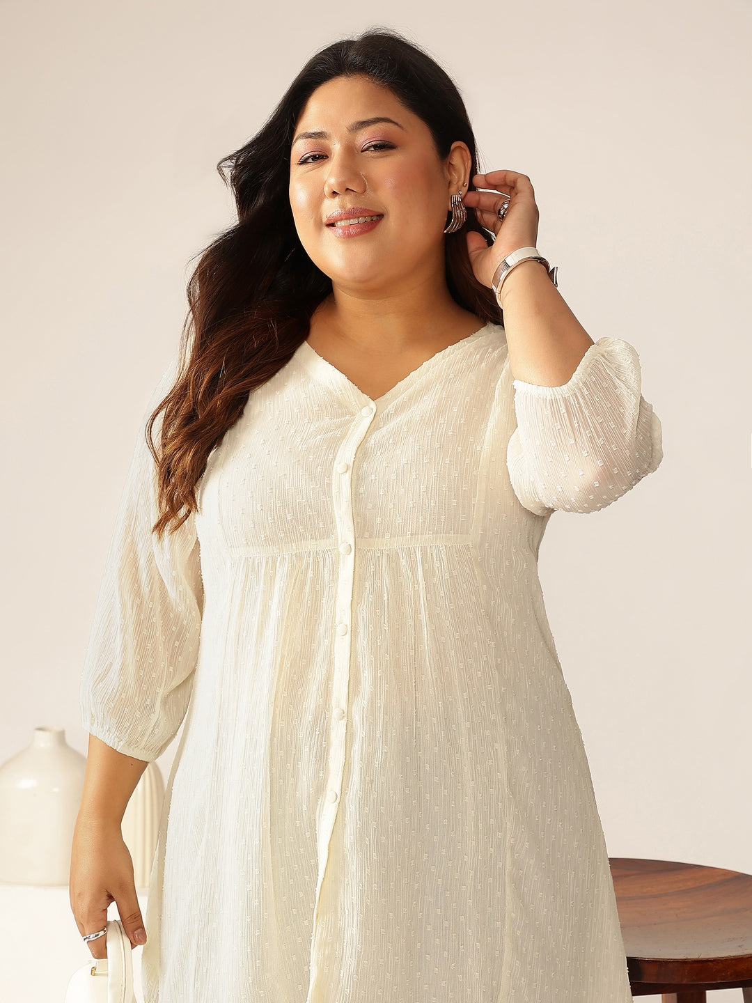 Janasya Light Dobby Chiffon Self Design A-Line Tunic | Swadesiicart