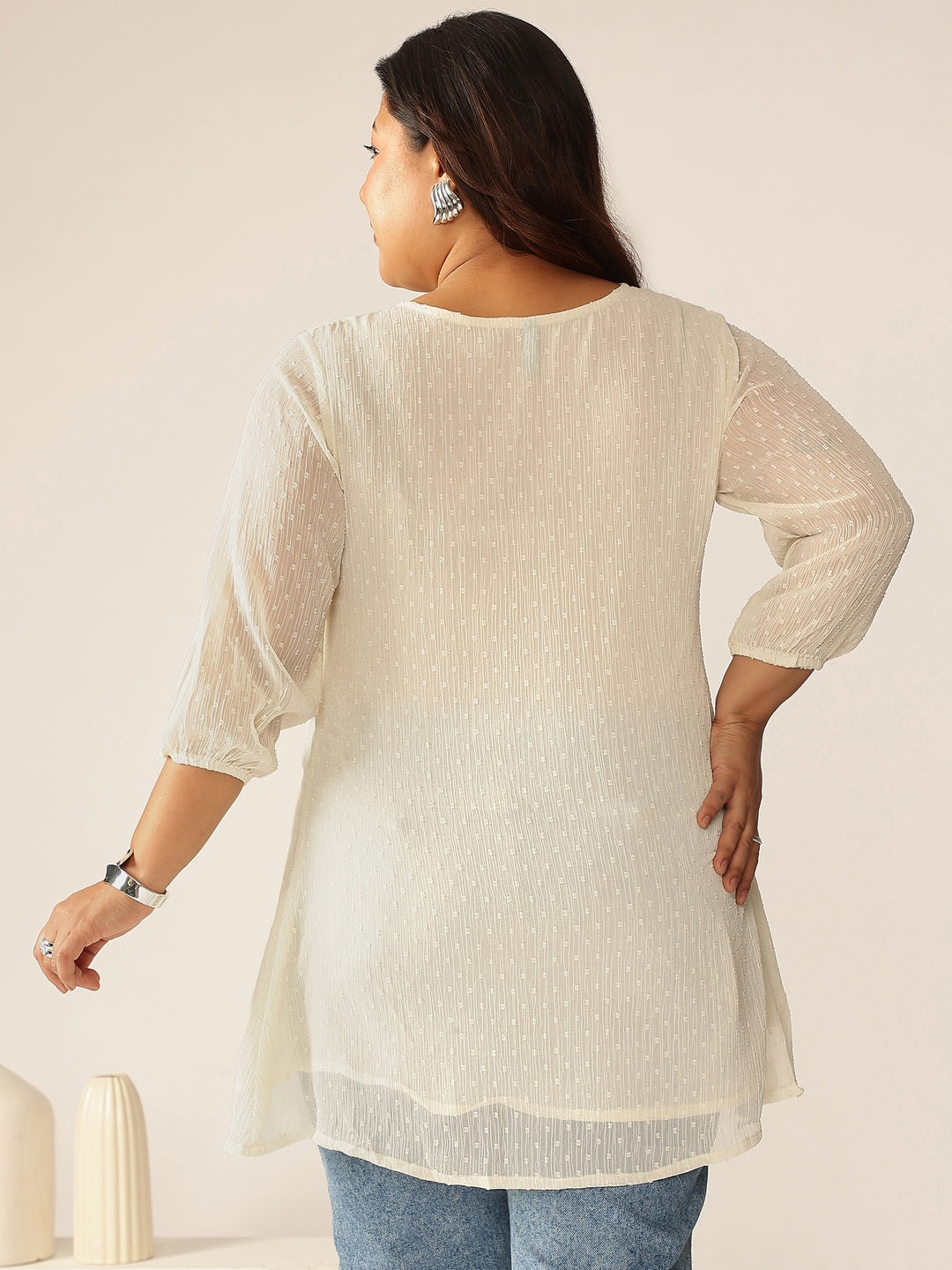 Janasya Light Dobby Chiffon Self Design A-Line Tunic | Swadesiicart