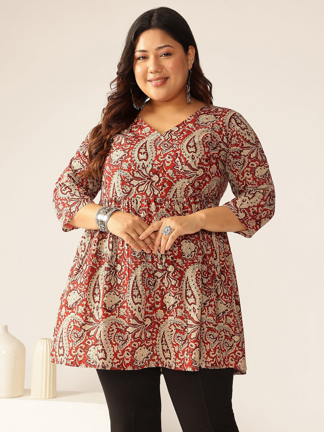 Janasya Dark Cotton Paisley Peplum Tunic | Swadesiicart