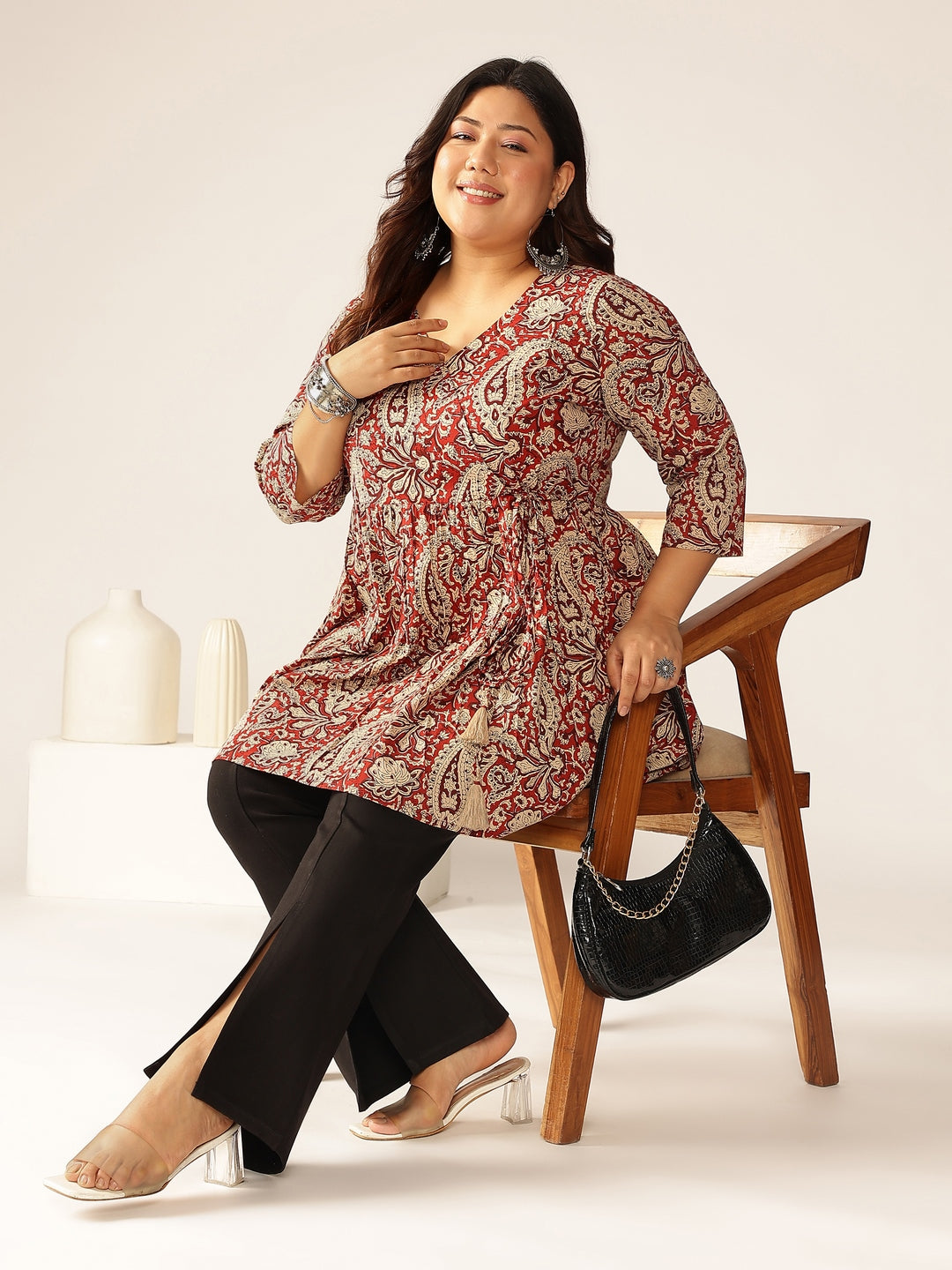 Janasya Dark Cotton Paisley Peplum Tunic | Swadesiicart