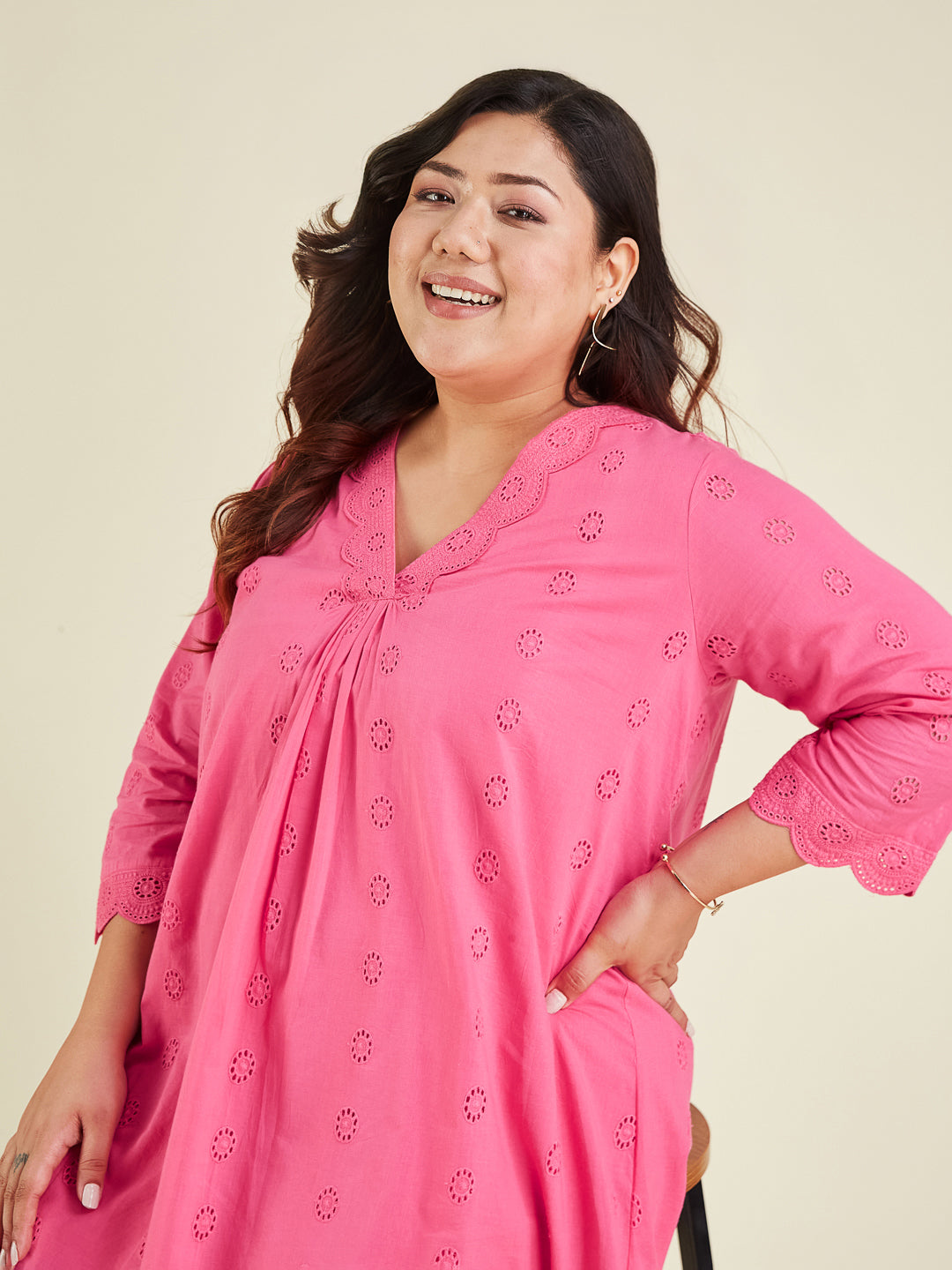 Janasya Bright Cotton Schiffli A-Line Tunic | Swadesiicart