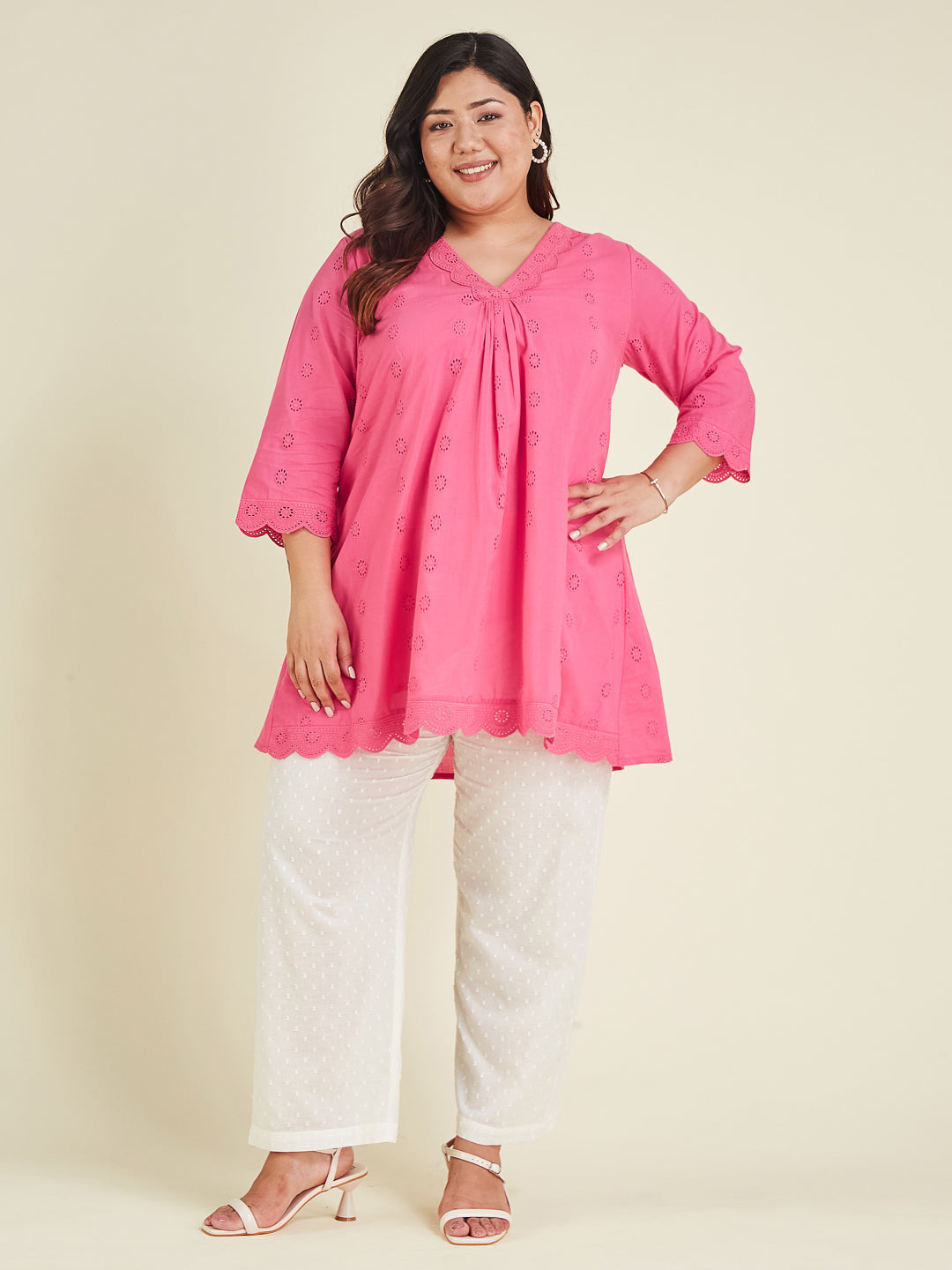 Janasya Bright Cotton Schiffli A-Line Tunic | Swadesiicart