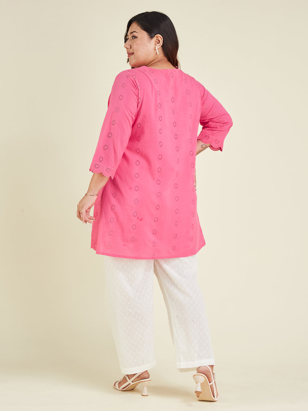 Janasya Bright Cotton Schiffli A-Line Tunic | Swadesiicart
