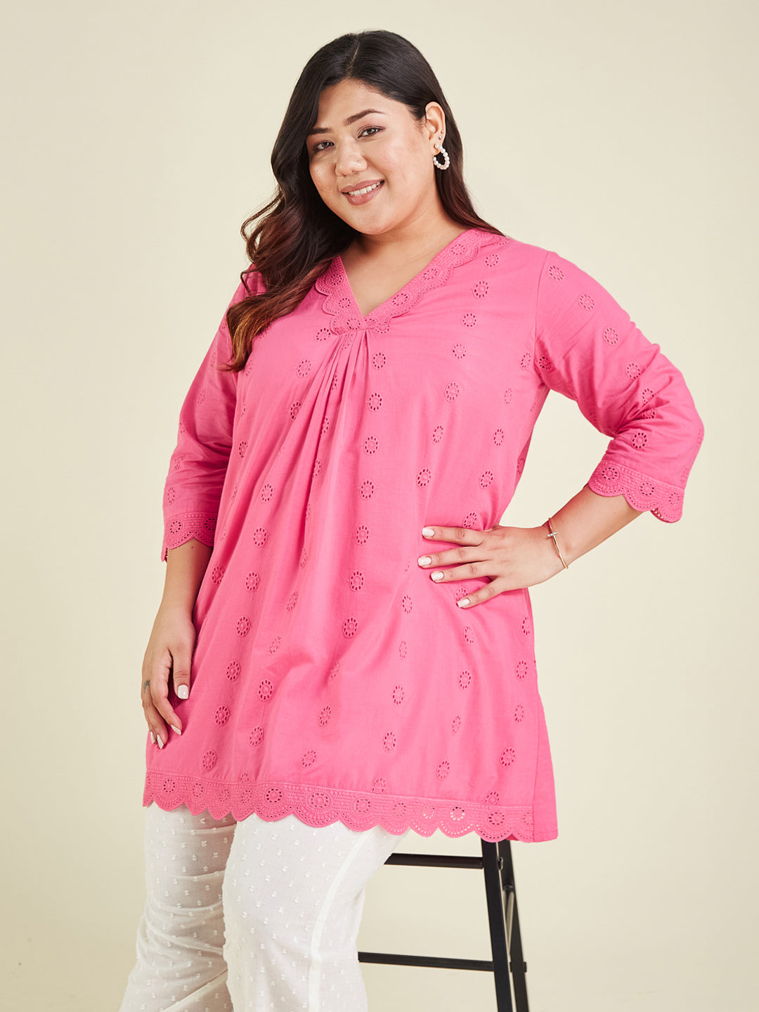 Janasya Bright Cotton Schiffli A-Line Tunic | Swadesiicart