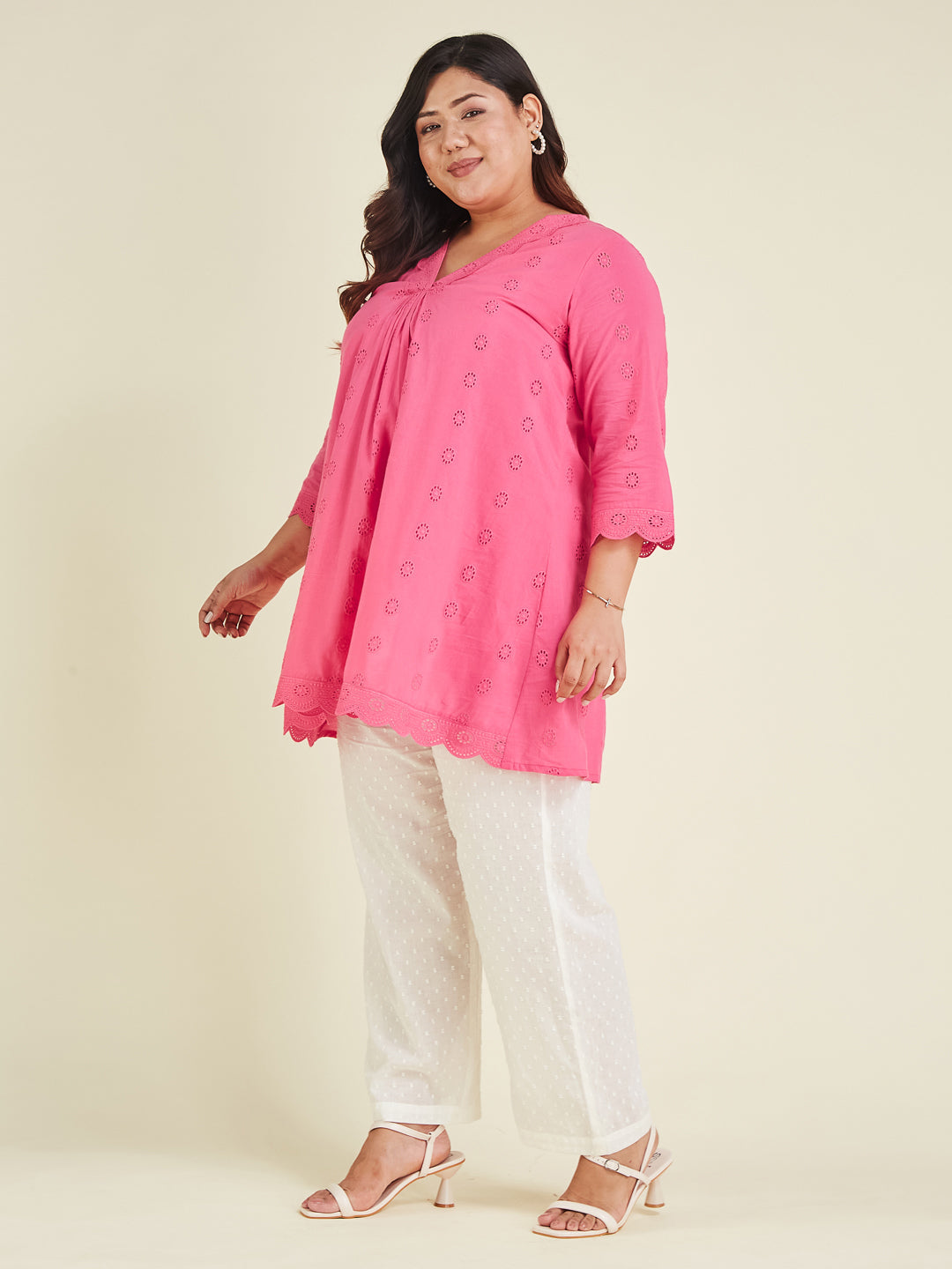 Janasya Bright Cotton Schiffli A-Line Tunic | Swadesiicart