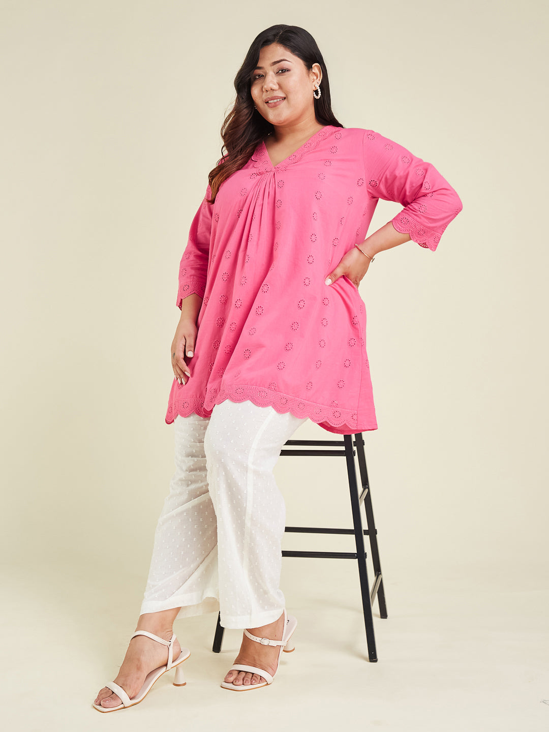 Janasya Bright Cotton Schiffli A-Line Tunic | Swadesiicart