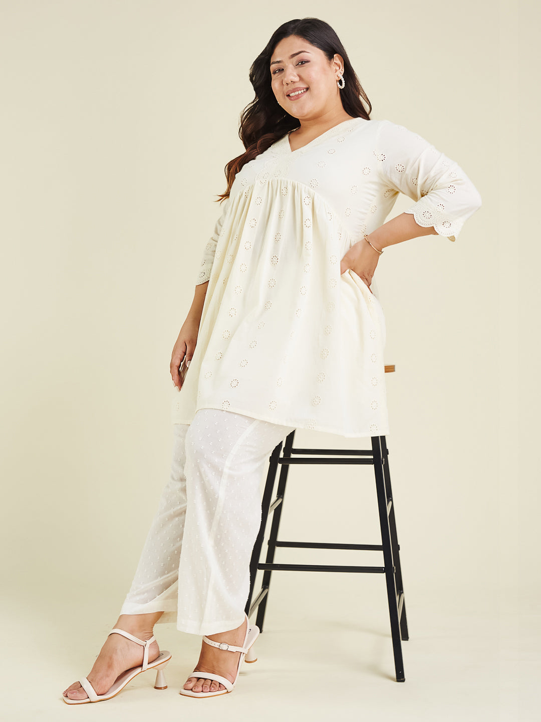 Janasya Light Cotton Schiffli A-Line Tunic | Swadesiicart