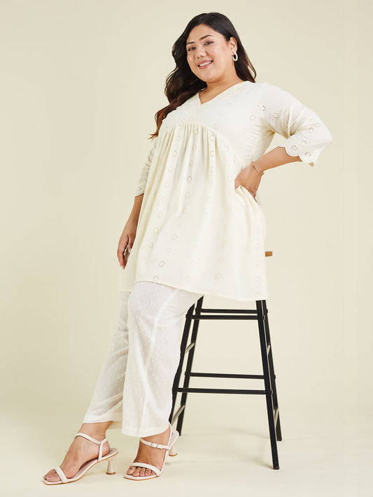 Janasya Light Cotton Schiffli A-Line Tunic | Swadesiicart