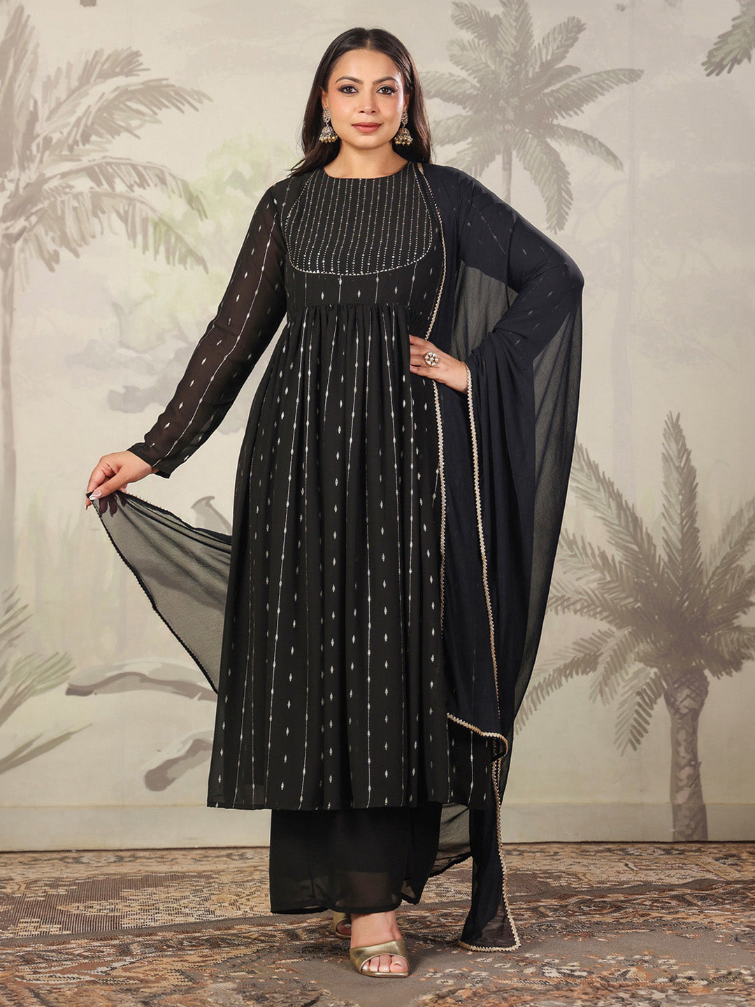 Janasya Dark Georgette Foil Print Anarkali Kurta Set | Swadesiicart