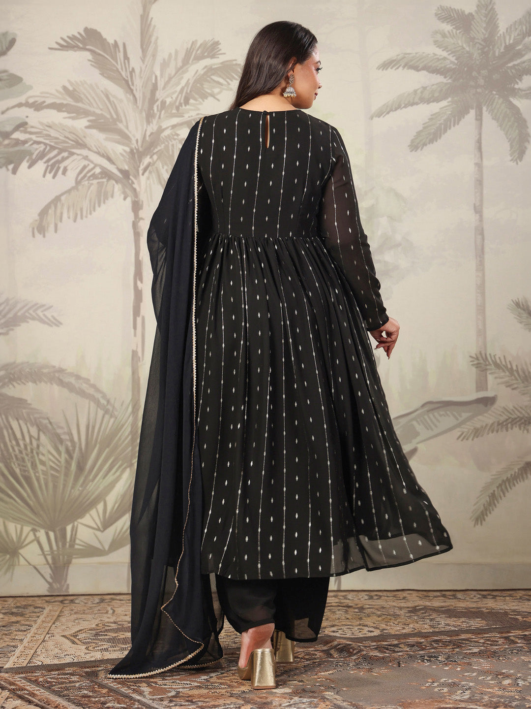 Janasya Dark Georgette Foil Print Anarkali Kurta Set | Swadesiicart