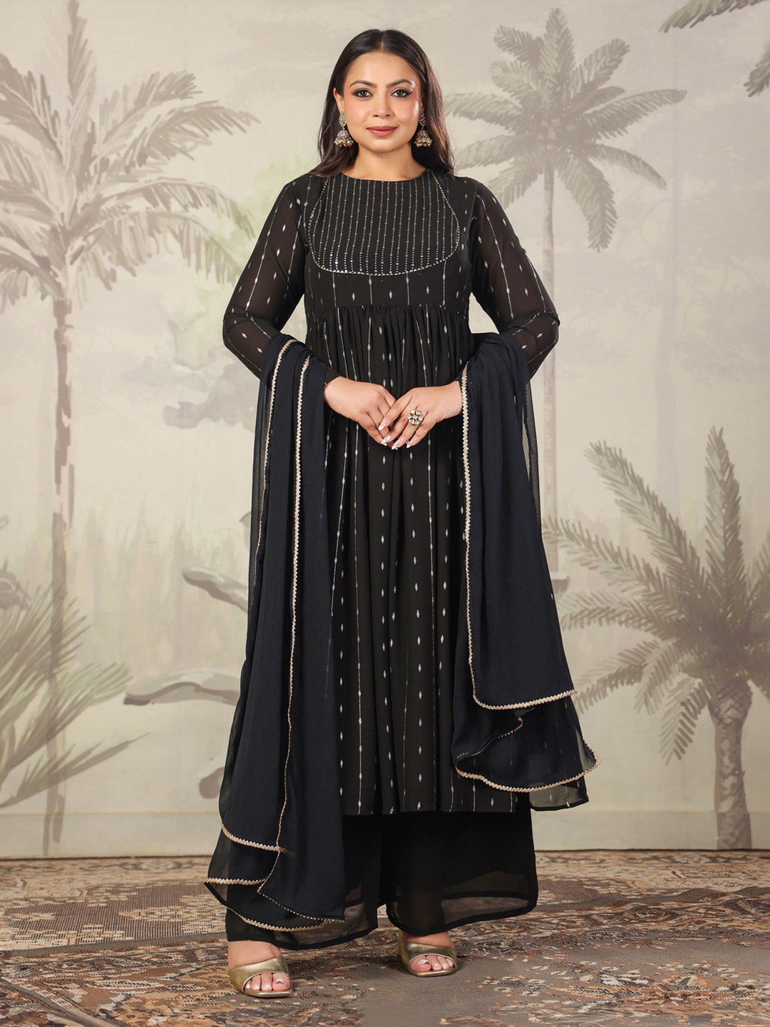 Janasya Dark Georgette Foil Print Anarkali Kurta Set | Swadesiicart