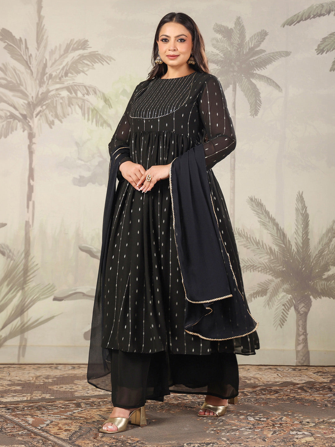Janasya Dark Georgette Foil Print Anarkali Kurta Set | Swadesiicart