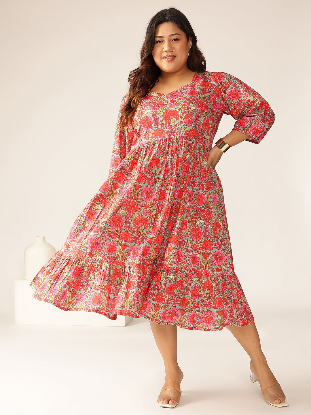 Janasya Bright Cotton Floral Flared Dress | Swadesiicart
