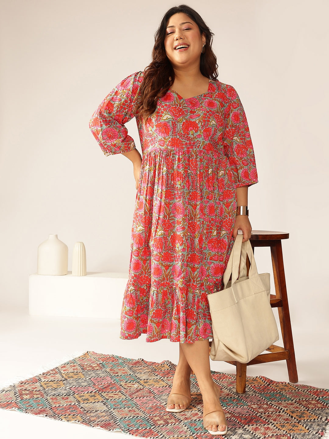 Janasya Bright Cotton Floral Flared Dress | Swadesiicart