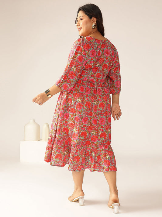 Janasya Bright Cotton Floral Flared Dress | Swadesiicart