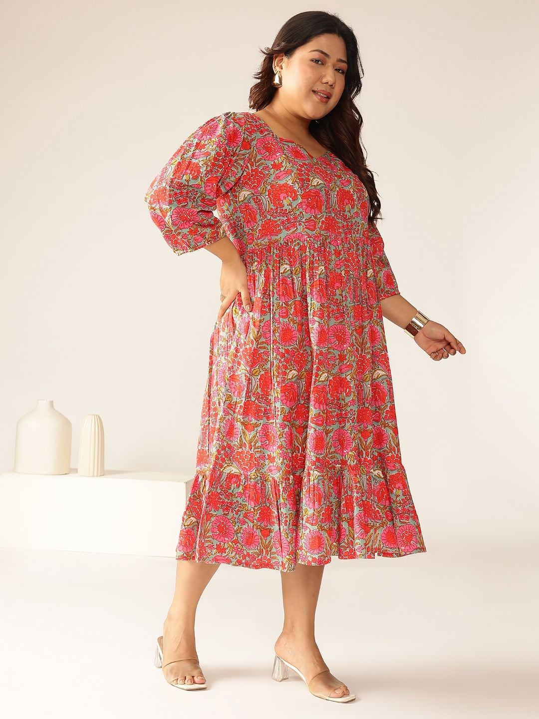 Janasya Bright Cotton Floral Flared Dress | Swadesiicart