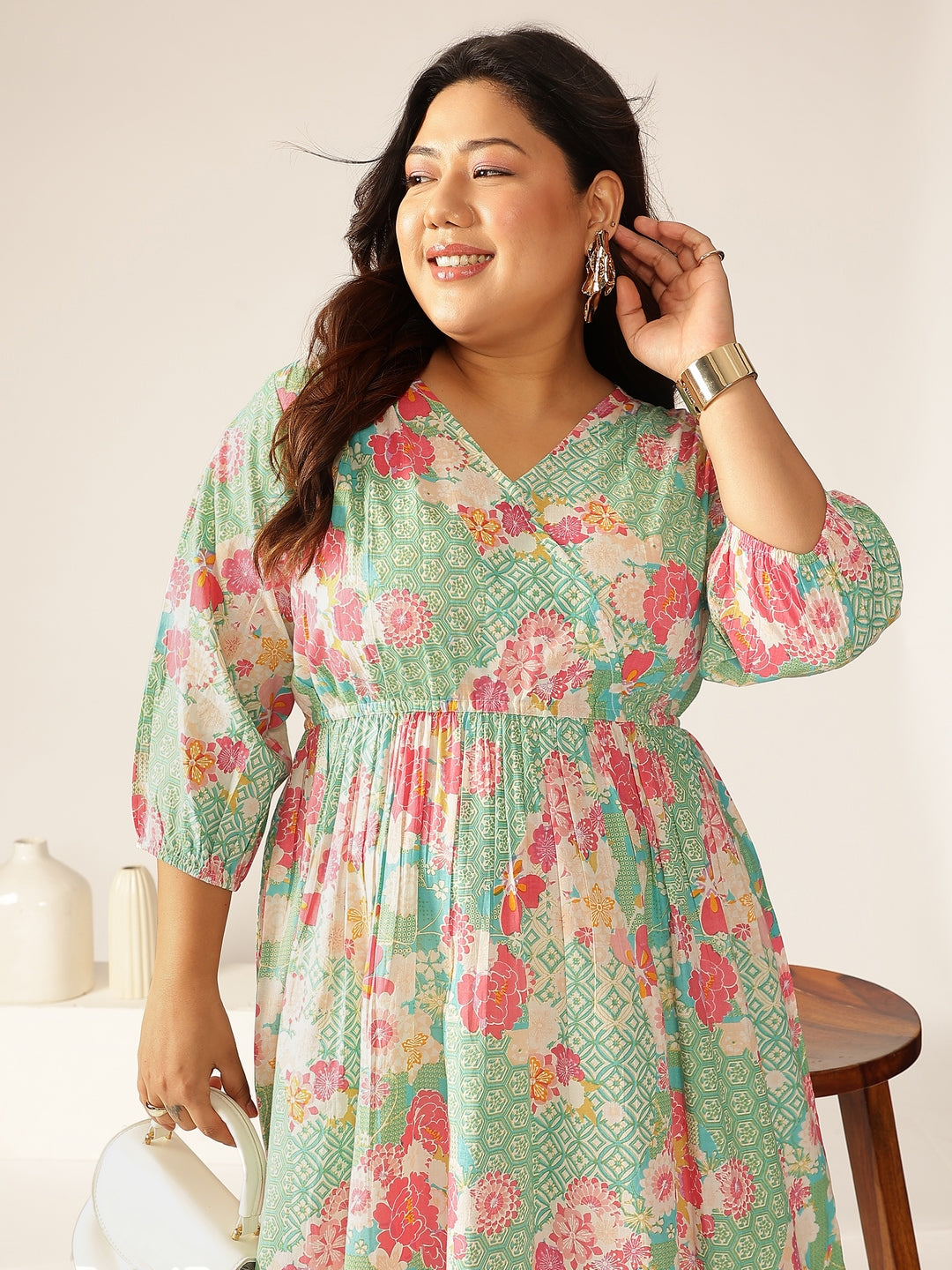 Janasya Bright Cotton Floral A-Line Dress | Swadesiicart