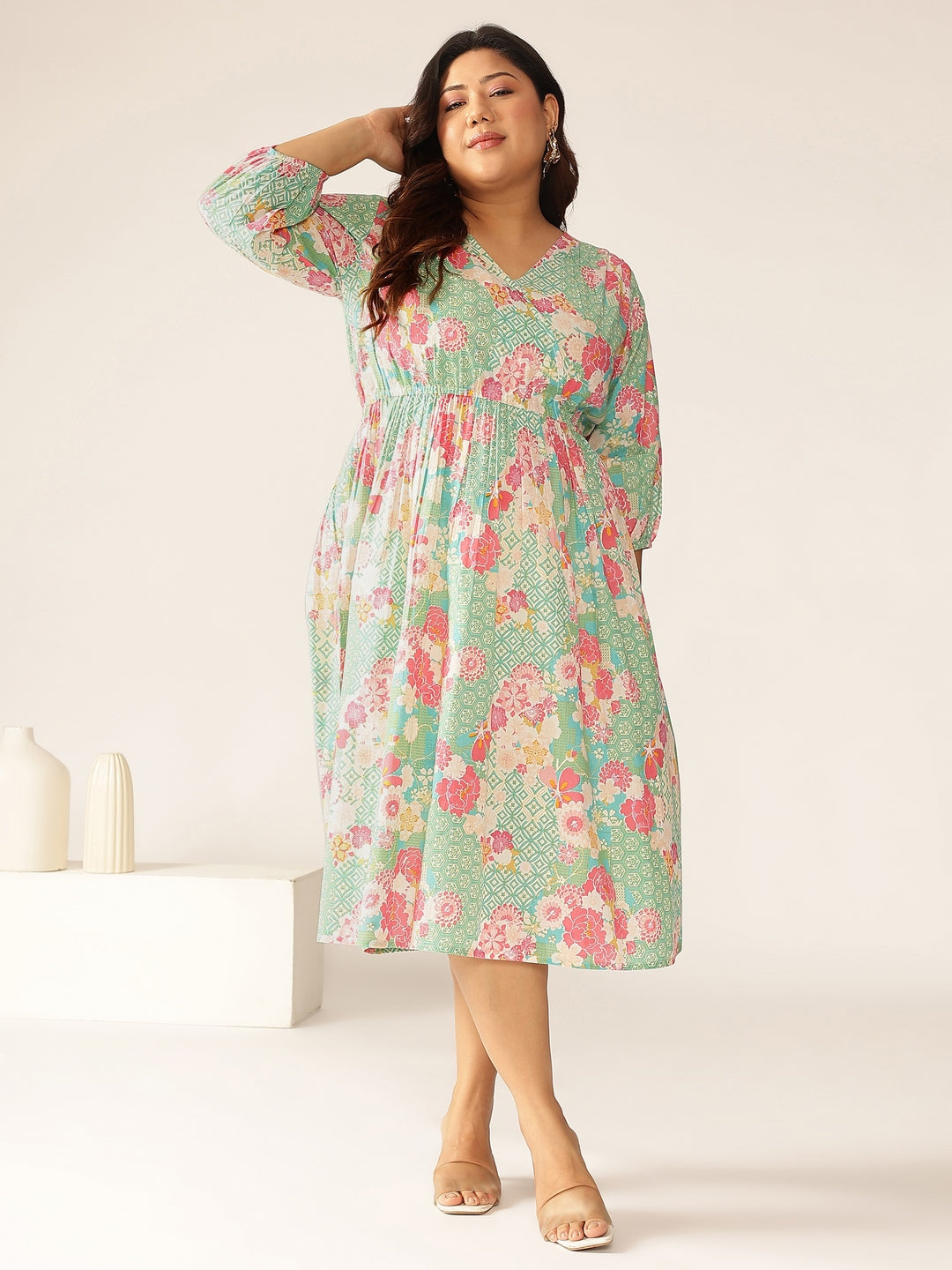 Janasya Bright Cotton Floral A-Line Dress | Swadesiicart