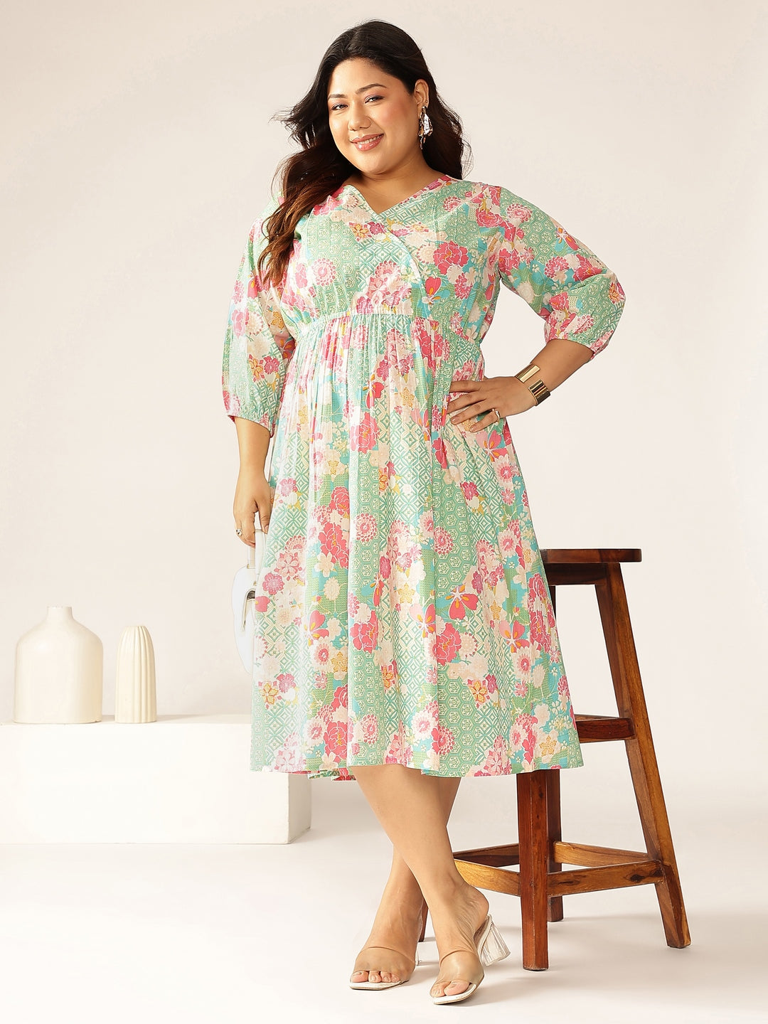 Janasya Bright Cotton Floral A-Line Dress | Swadesiicart