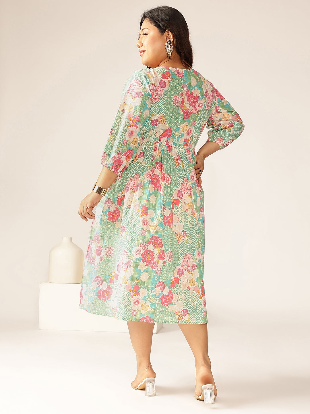 Janasya Bright Cotton Floral A-Line Dress | Swadesiicart