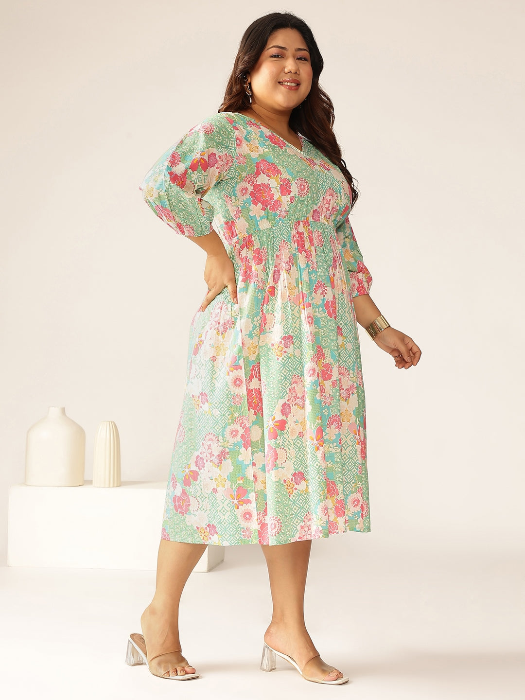 Janasya Bright Cotton Floral A-Line Dress | Swadesiicart