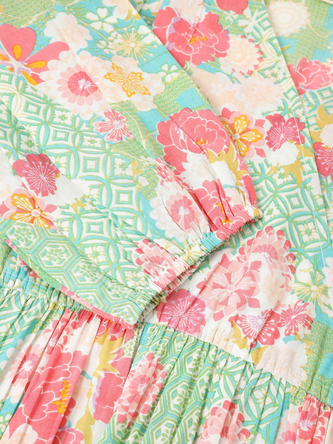 Janasya Bright Cotton Floral A-Line Dress | Swadesiicart