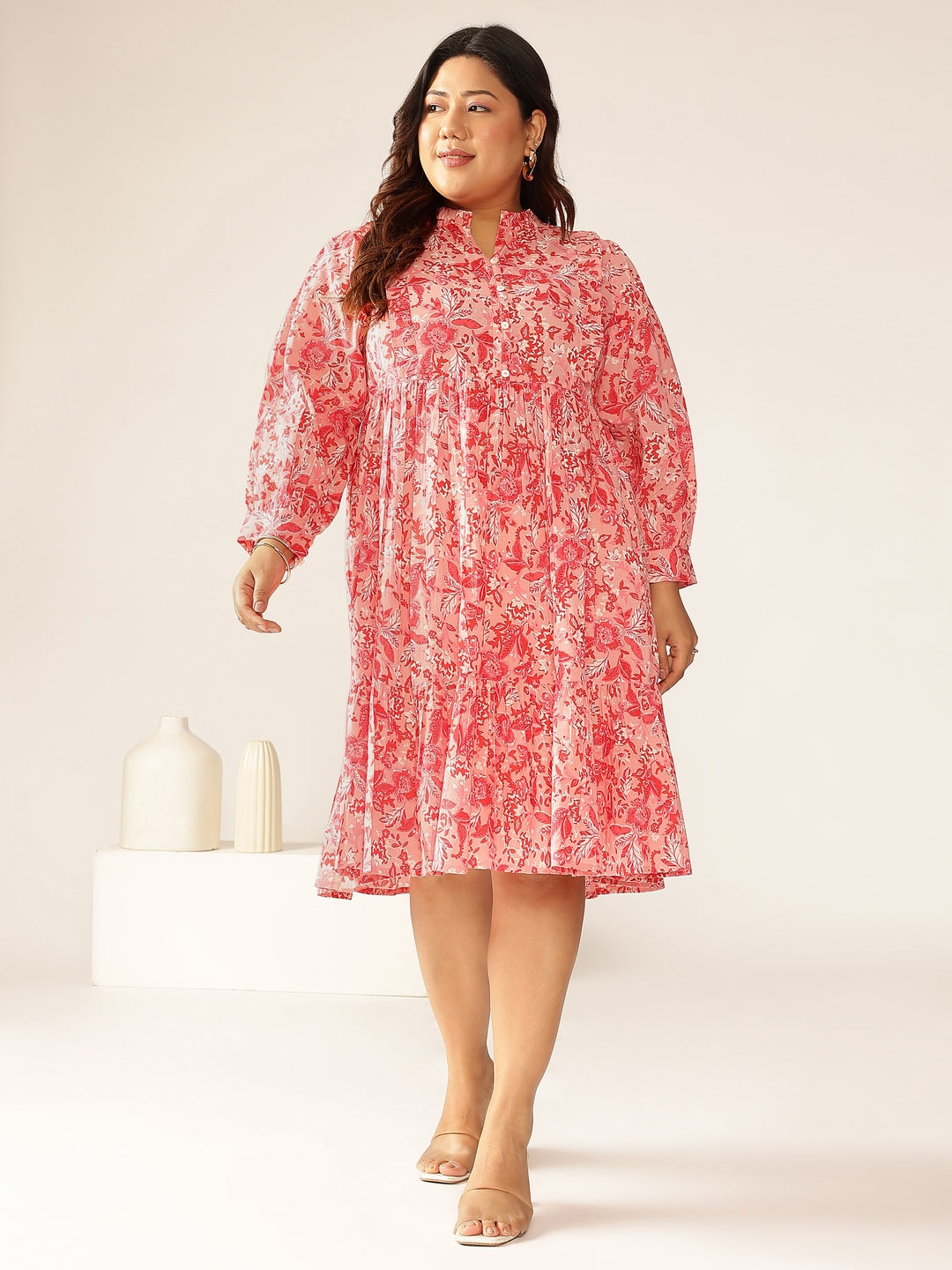 Janasya Bright Cotton Floral A-Line Dress | Swadesiicart