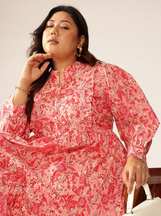 Janasya Bright Cotton Floral A-Line Dress | Swadesiicart