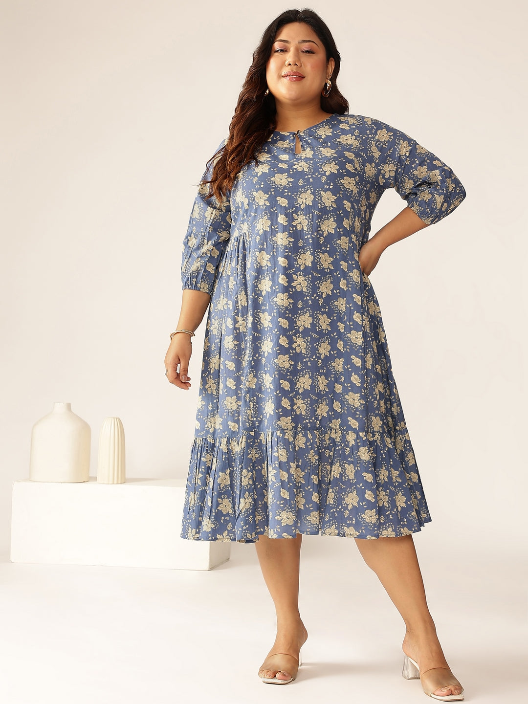 Janasya Bright Cotton Floral Fit & Flare Dress | Swadesiicart