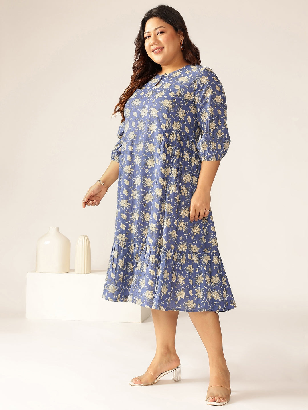 Janasya Bright Cotton Floral Fit & Flare Dress | Swadesiicart