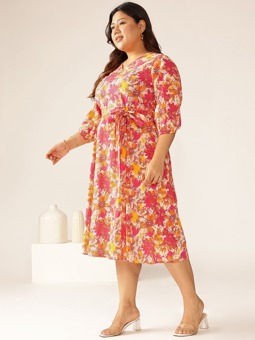 Janasya Bright Cotton Floral A-Line Dress | Swadesiicart
