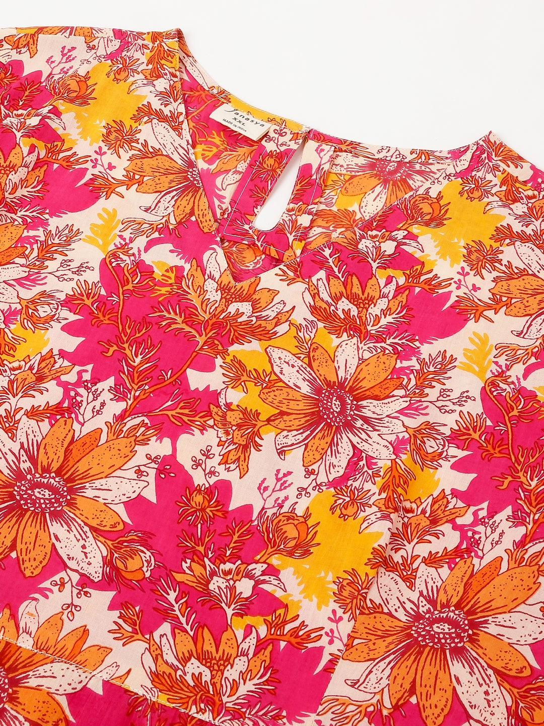 Janasya Bright Cotton Floral A-Line Dress | Swadesiicart